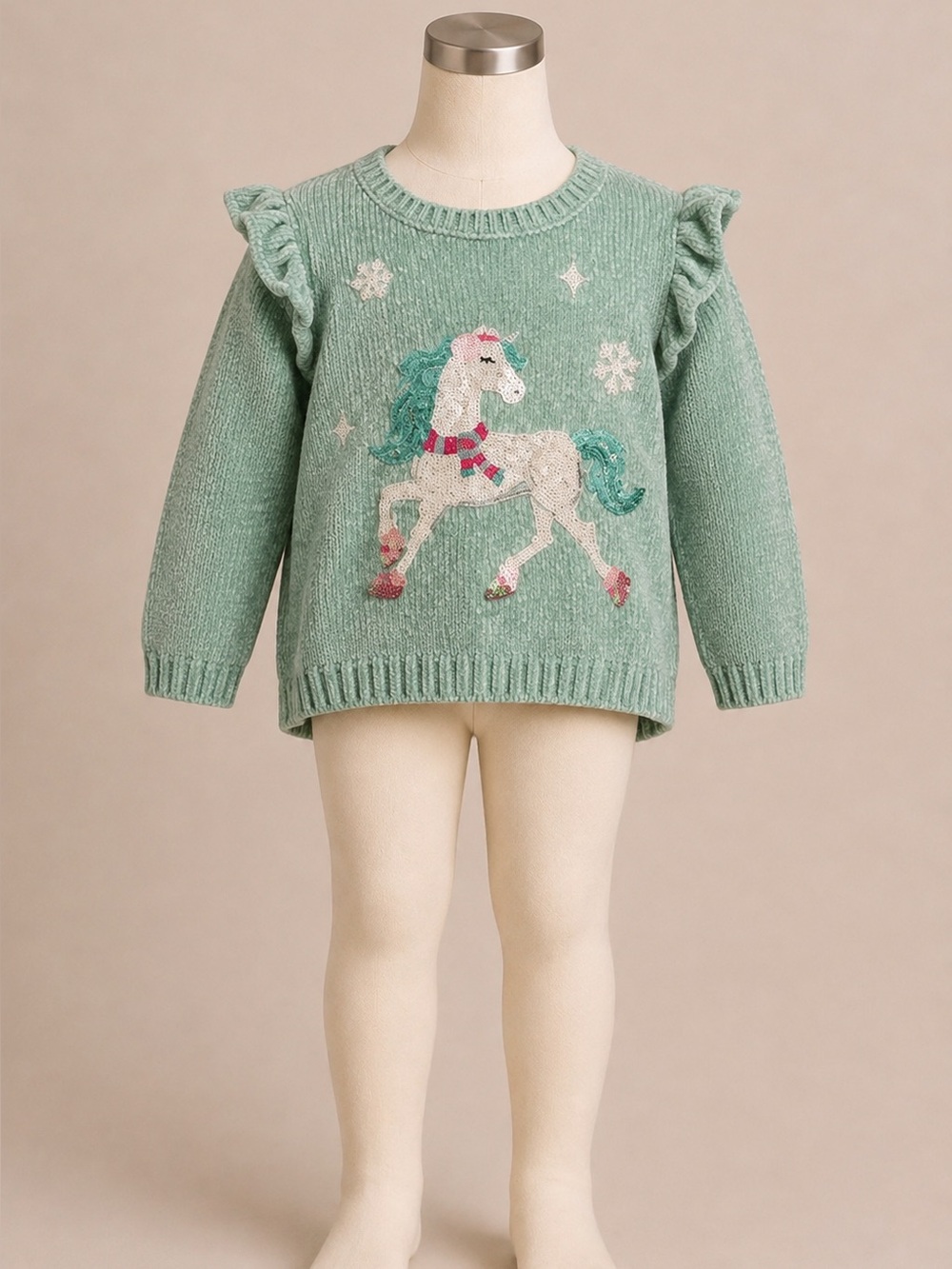 Zunie Girls Chenille Unicorn Sweater XS 4/5 Mint Green Sequin Winter Ruffle